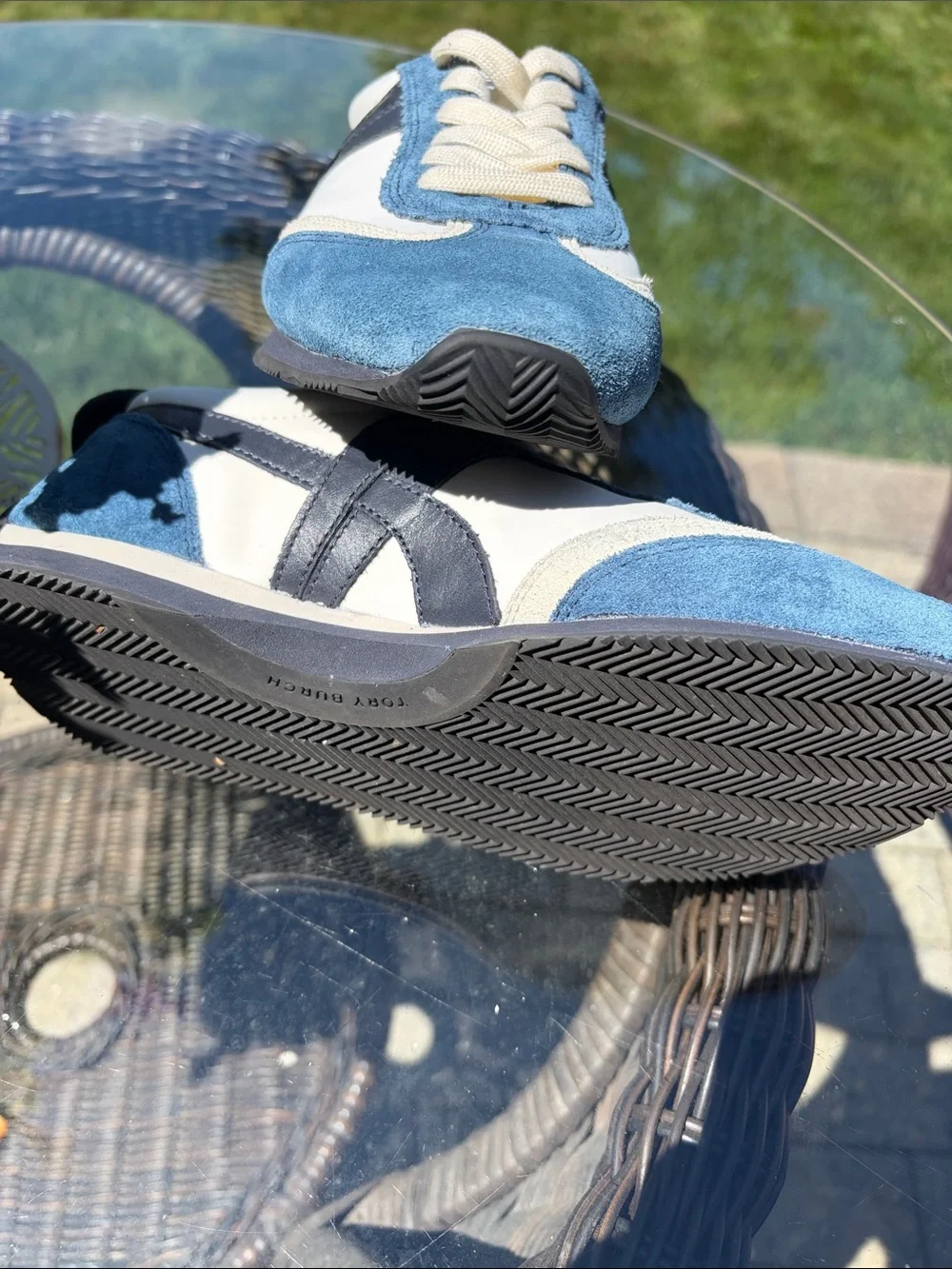 Tory Burch Blue and White Suede & Leather Sneakers